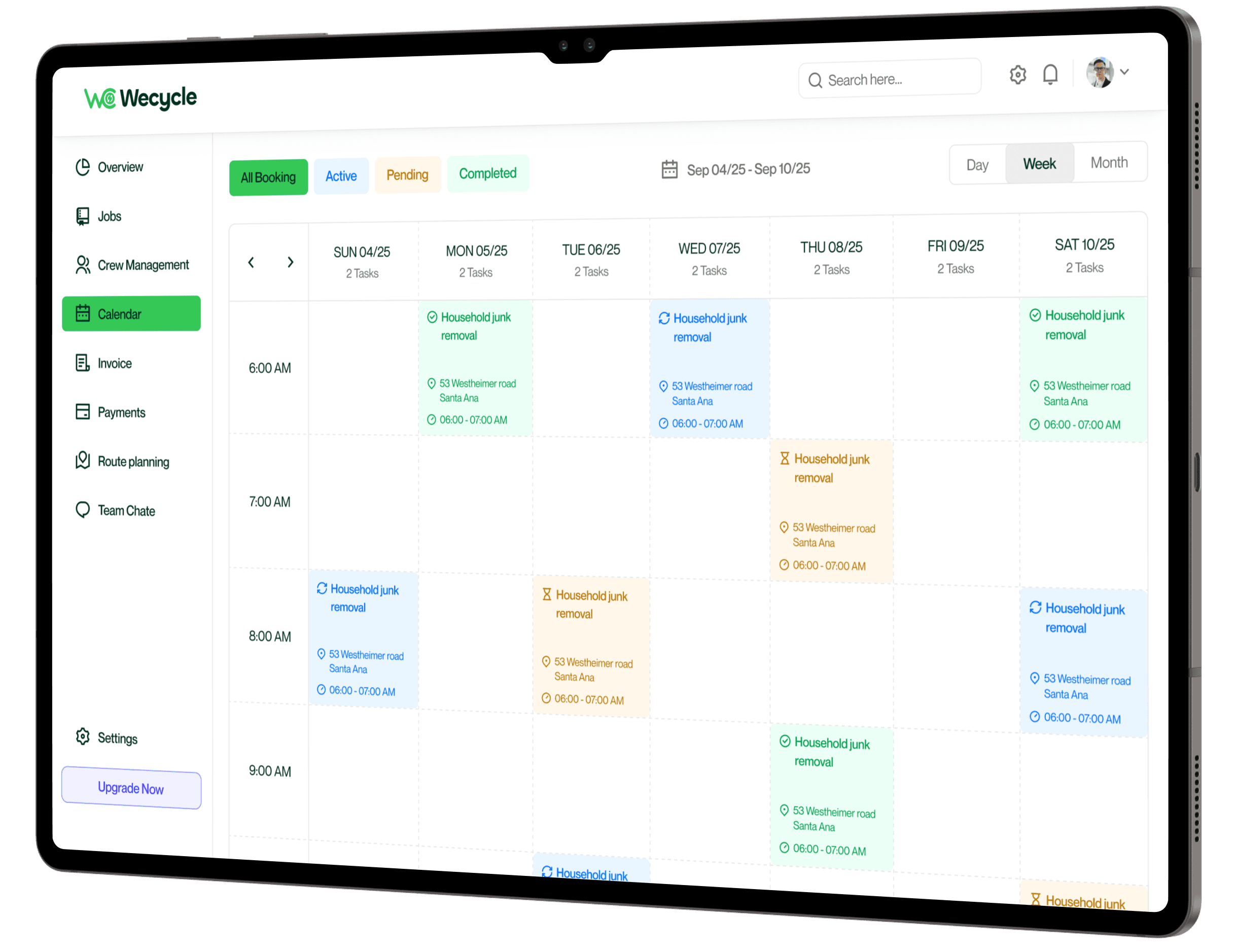 Calendar interface showing scheduled pickups and job assignments