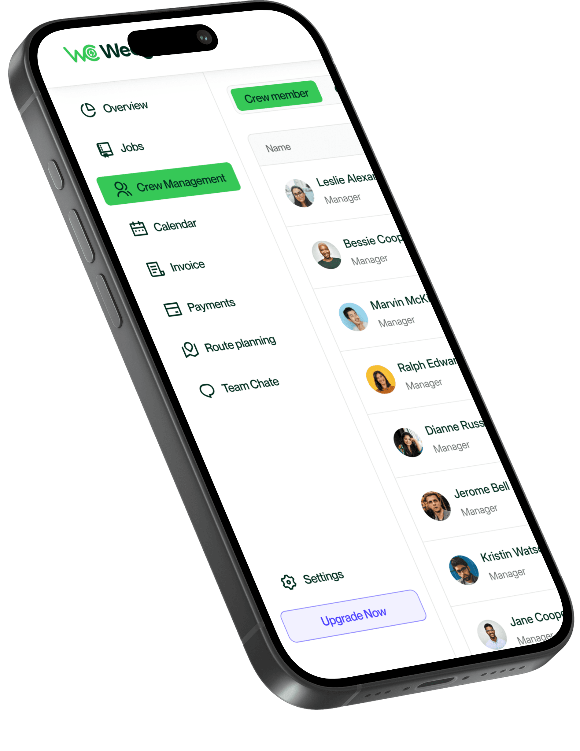 Mobile interface showing crew management dashboard with team member assignments
