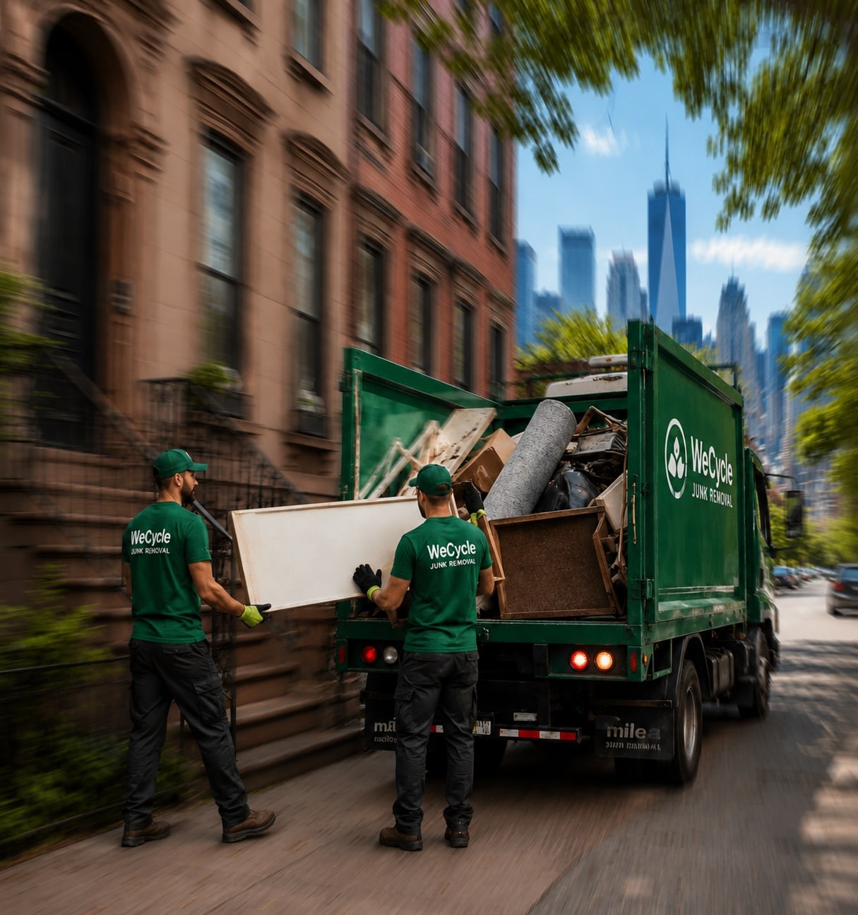 WeCycle crew loading a junk removal truck on a city street