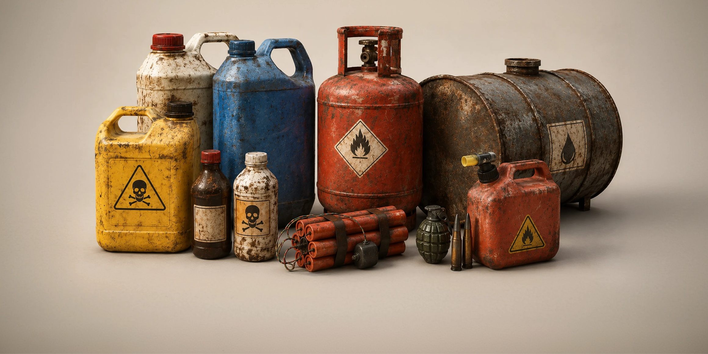 Rusted containers of hazardous chemicals, fuel tanks, and flammable materials