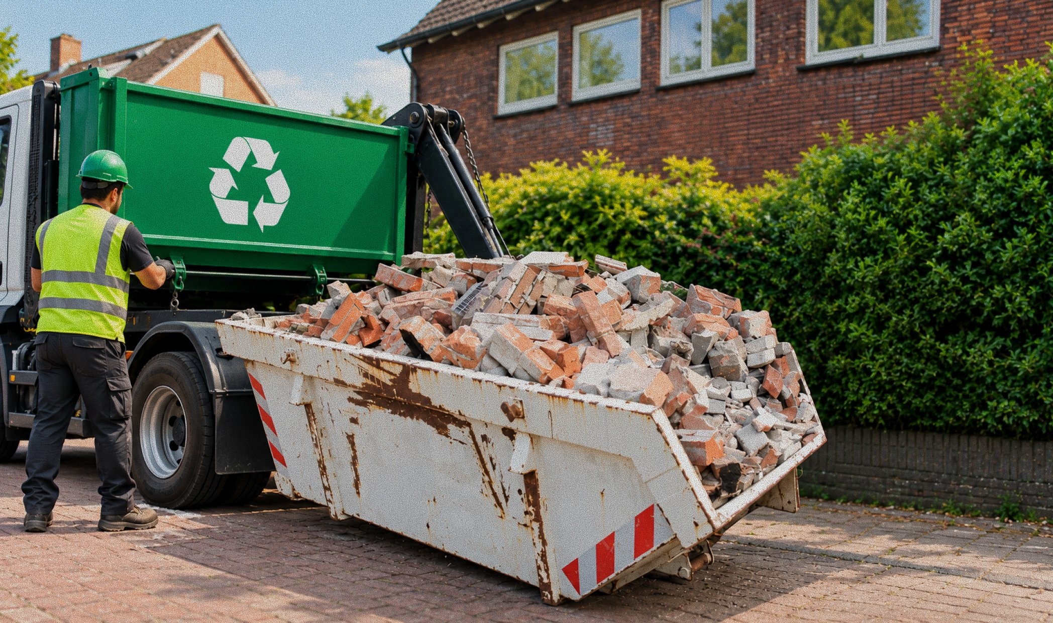 Pile of construction debris and rubble outside a residential property