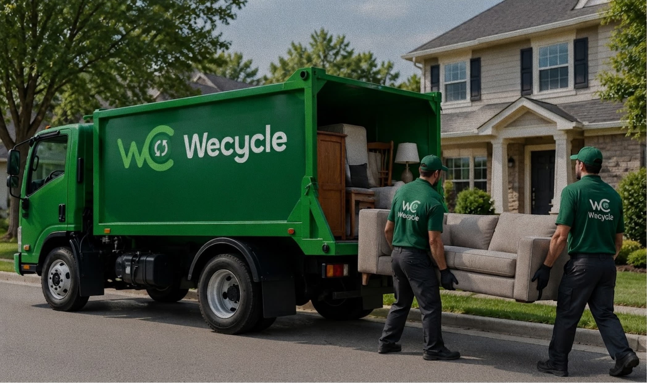 WeCycle Loaders carrying a couch into a green junk removal truck