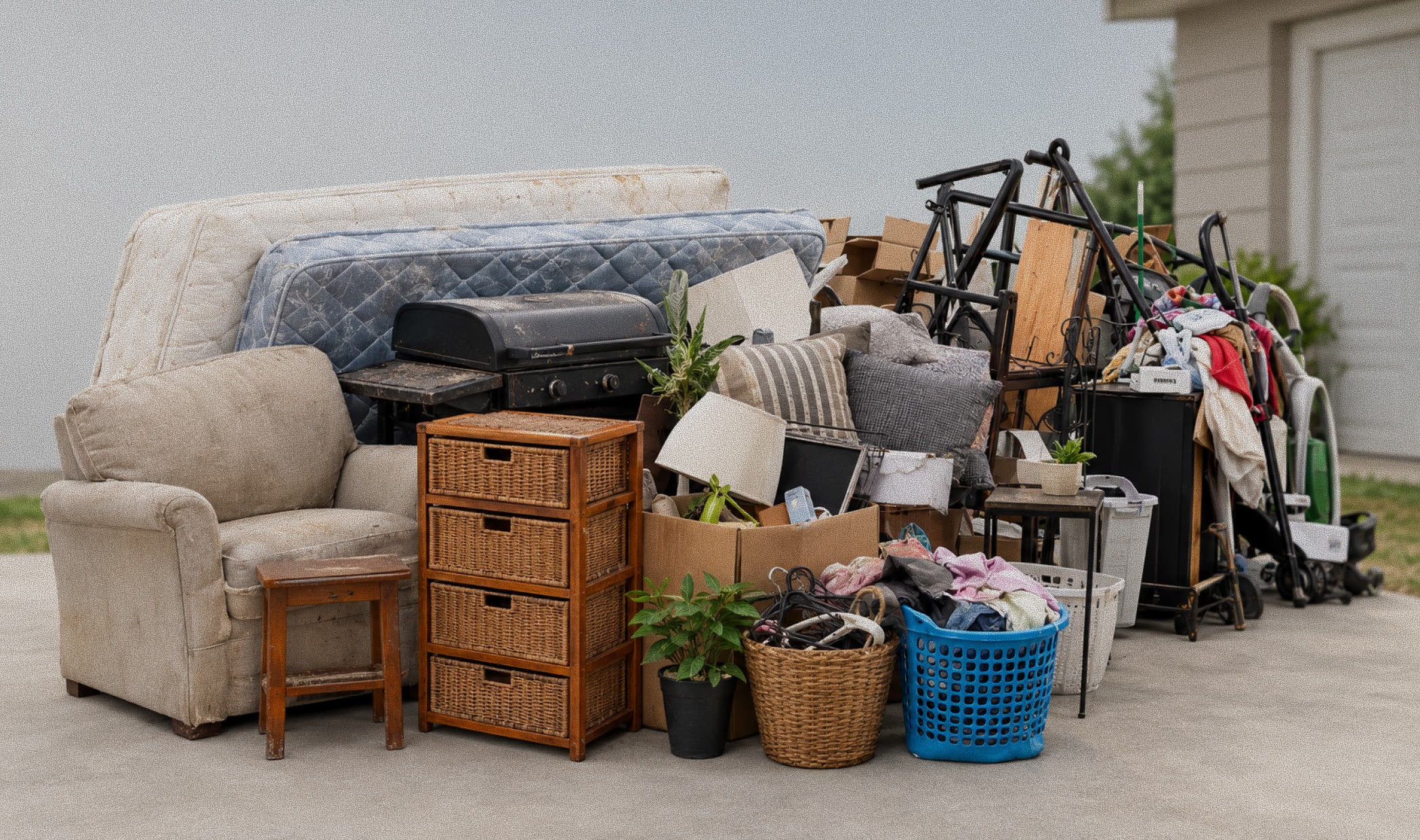 Household junk pile with a couch, mattresses, and baskets on a driveway
