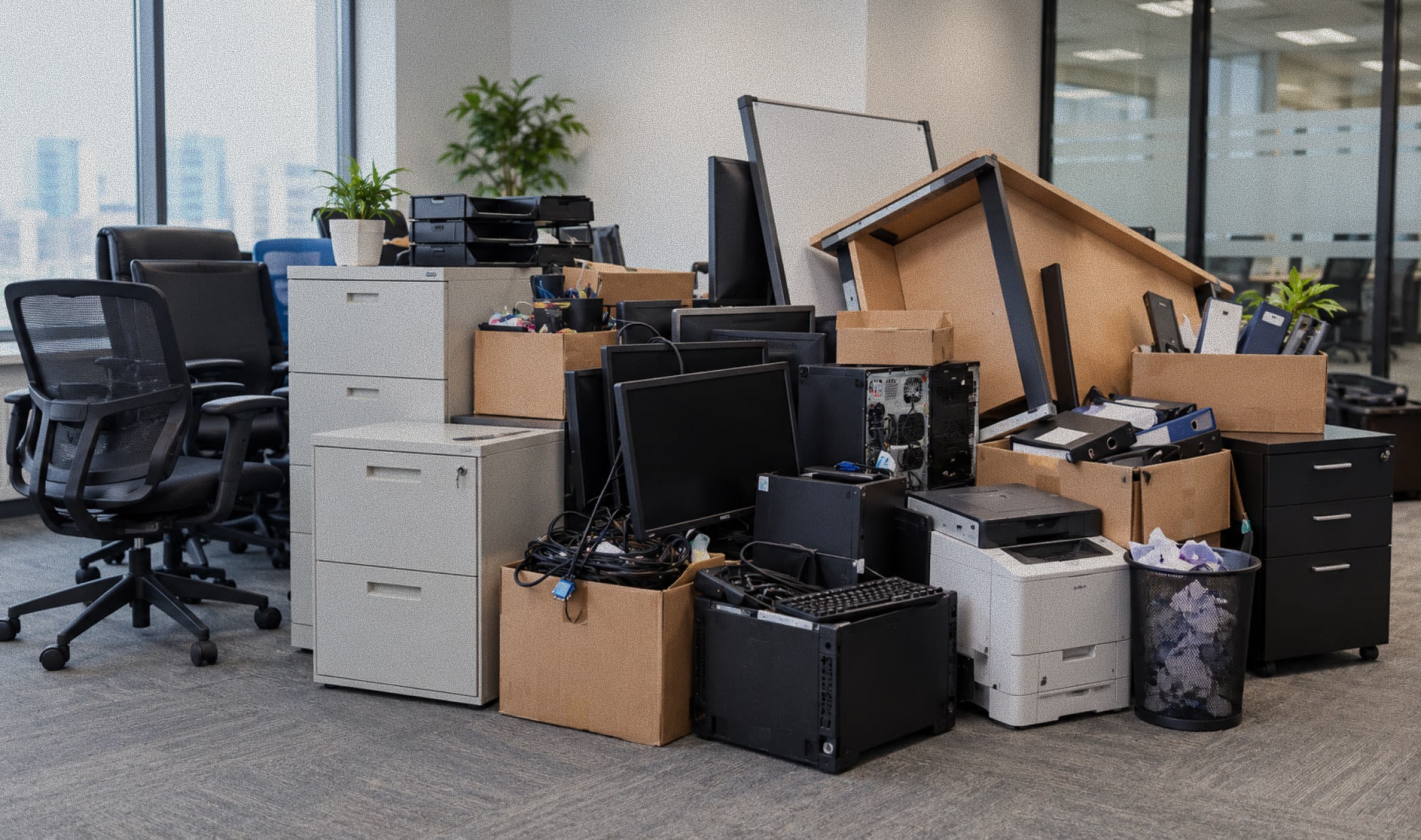 Office cleanout pile with chairs, filing cabinets, monitors, and printers