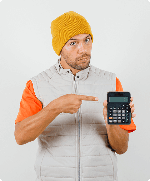 WeCycle worker pointing at calculator